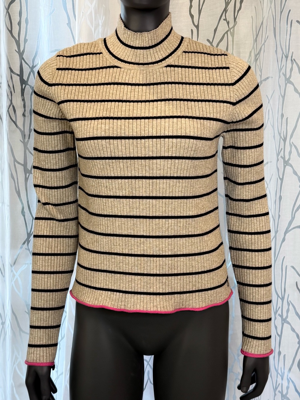 Scotch & Soda Striped Ribbed Mock Neck Sweater with Pink Trim Women’s Size XL